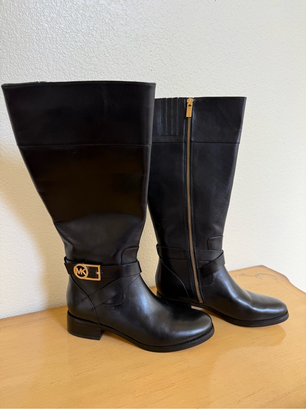 Michael Kors Black Leather Knee-High Riding Boots with Gold MK Buckle